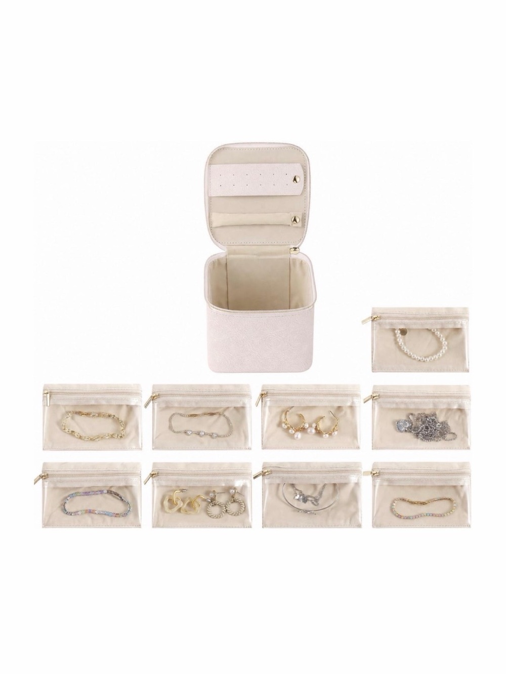 Travel Jewelry Case Set - Compact Organizer carry case/Box & 9 smaller pouches